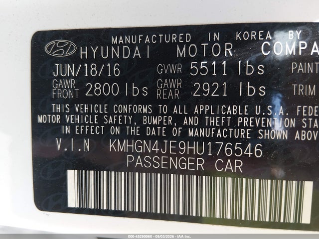 2017 Genesis G80 3.8 მანქანა იყიდება აუქციონზე, vin: KMHGN4JE9HU176546, აუქციონის ნომერი: 45290060