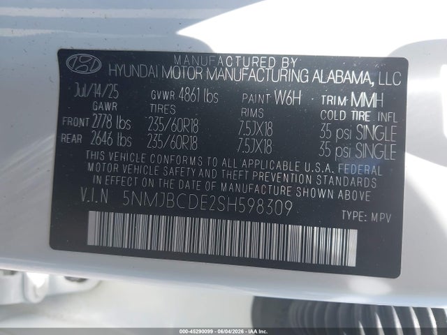Продажа на аукционе авто 2025 Hyundai Tucson Sel, vin: 5NMJBCDE2SH598309, номер лота: 45290099