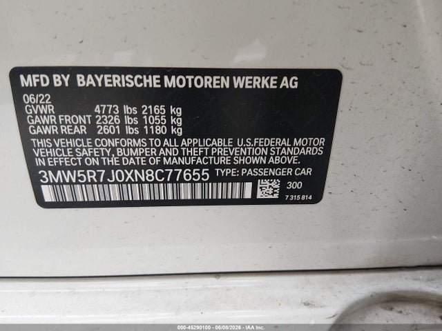 Продаж на аукціоні авто 2022 Bmw 330i Xdrive, vin: 3MW5R7J0XN8C77655, номер лоту: 45290100