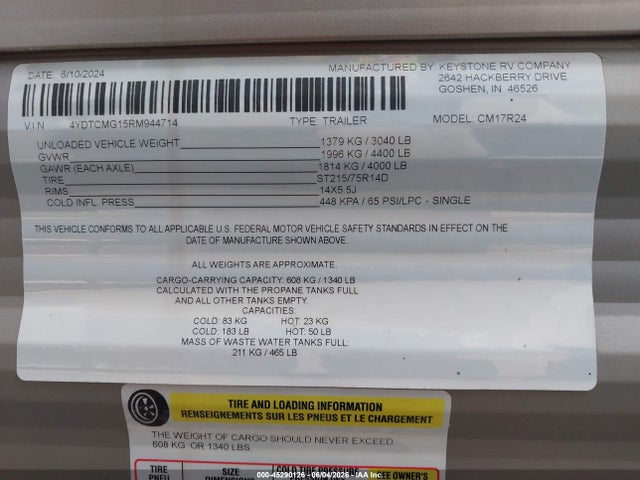 2024 Coleman Cm17r24 მანქანა იყიდება აუქციონზე, vin: 4YDTCMG15RM944714, აუქციონის ნომერი: 45290126