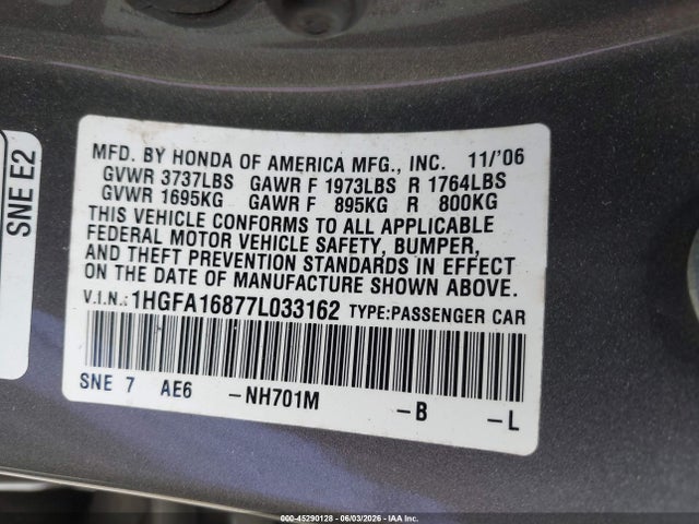 Aukcja sprzedaży 2007 Honda Civic Ex, vin: 1HGFA16877L033162, numer aukcji: 45290128