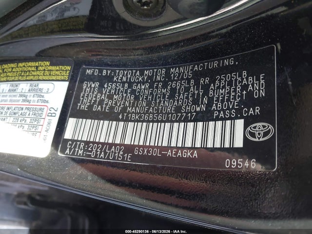 Продаж на аукціоні авто 2006 Toyota Avalon Xls, vin: 4T1BK36B56U107717, номер лоту: 45290136