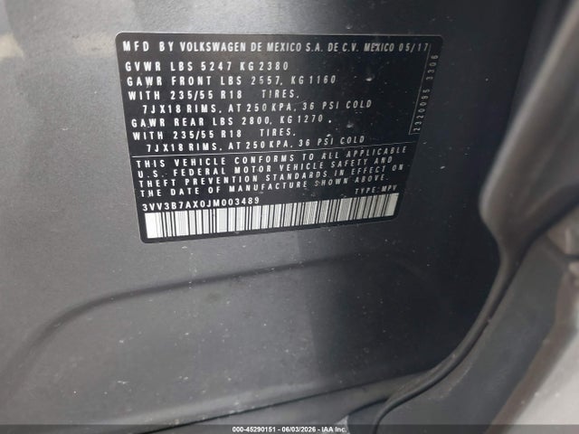 45290151 :رقم المزاد ، 3VV3B7AX0JM003489 vin ، 2018 Volkswagen Tiguan 2.0t Se/2.0t Sel مزاد بيع