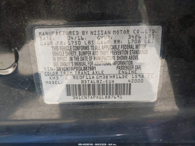 3N1CN7APXGL887691 Nissan Versa 1.6 S/1.6 S+/1.6 Sl/1.6 Sv