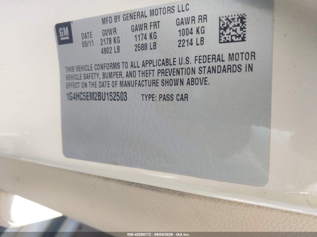 Продаж на аукціоні авто 2011 Buick Lucerne Cxl, vin: 1G4HC5EM2BU152503, номер лоту: 45290172