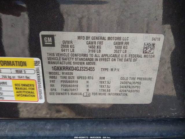 Aukcja sprzedaży 2016 Gmc Acadia Slt-1, vin: 1GKKRRKD4GJ325455, numer aukcji: 45290173
