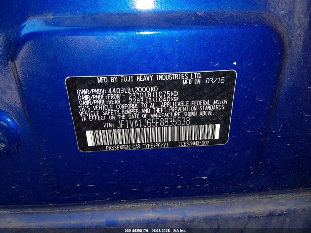 Subaru Wrx Limited 2015 JF1VA1J65F8835538 Image 9