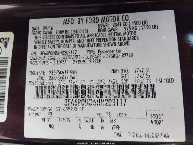 Aukcja sprzedaży 2017 Ford Fusion Se, vin: 3FA6P0HD6HR203117, numer aukcji: 45290178