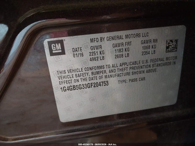 45290179 :رقم المزاد ، 1G4GB5G33GF204753 vin ، 2016 Buick Lacrosse مزاد بيع