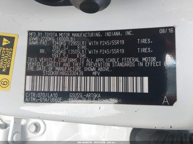 Toyota Highlander Limited V6 2016 5TDDKRFH8GS330439 Image 9
