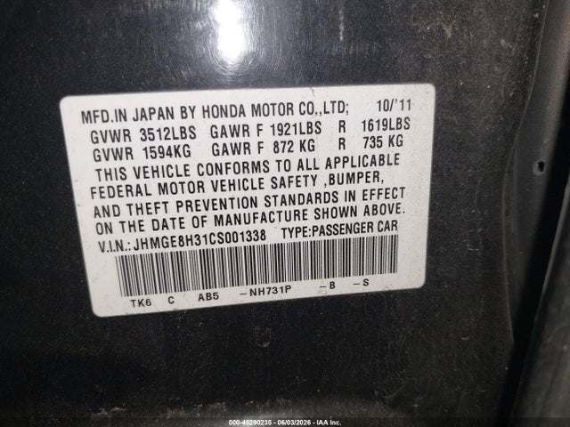 2012 Honda Fit მანქანა იყიდება აუქციონზე, vin: JHMGE8H31CS001338, აუქციონის ნომერი: 45290235