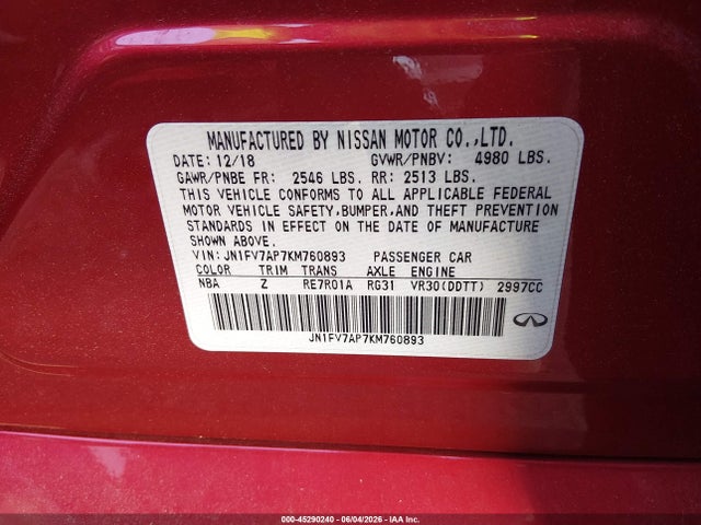 Продаж на аукціоні авто 2019 Infiniti Q50 3.0t Red Sport 400, vin: JN1FV7AP7KM760893, номер лоту: 45290240