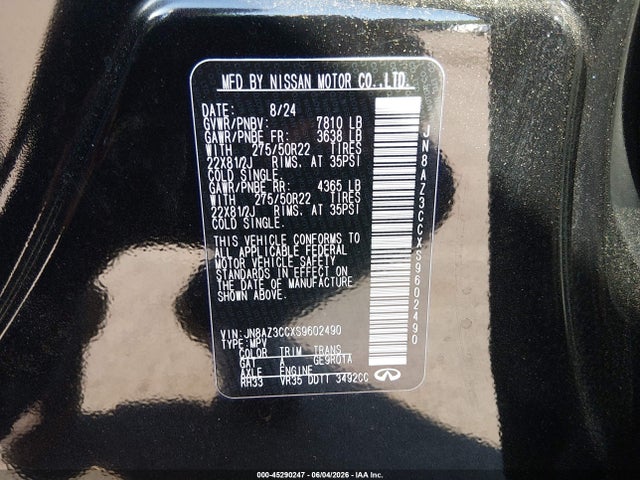 Aukcja sprzedaży 2025 Infiniti Qx80 Autograph Awd, vin: JN8AZ3CCXS9602490, numer aukcji: 45290247