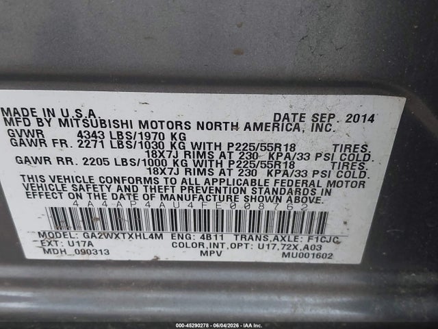 2015 Mitsubishi Outlander Sport Se მანქანა იყიდება აუქციონზე, vin: 4A4AP4AU4FE008762, აუქციონის ნომერი: 45290278