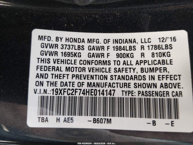 Honda CIVIC EX 2017 19XFC2F74HE014147 Image 9