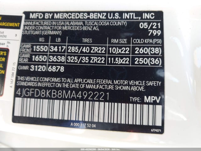 4JGFD8KB8MA492221 Mercedes-Benz Amg Gle 63 Coupe S 4matic
