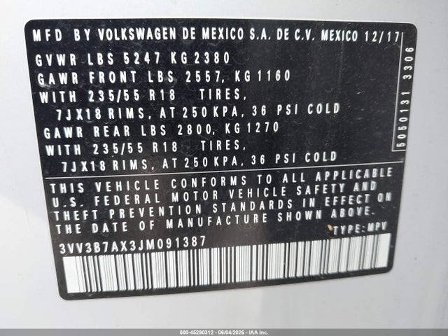 Продаж на аукціоні авто 2018 Volkswagen Tiguan 2.0t Se/2.0t Sel, vin: 3VV3B7AX3JM091387, номер лоту: 45290312