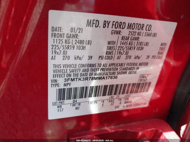 Продаж на аукціоні авто 2021 Ford Mustang Mach-e Premium, vin: 3FMTK3R78MMA17636, номер лоту: 45290315