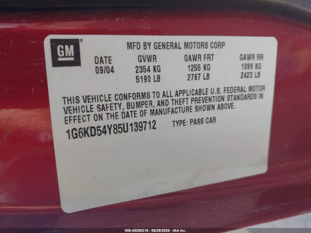 45290316 :رقم المزاد ، 1G6KD54Y85U139712 vin ، 2005 Cadillac Deville Standard مزاد بيع