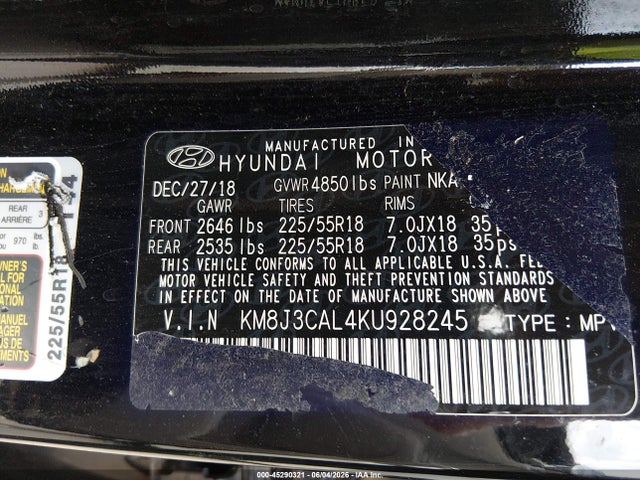 Продаж на аукціоні авто 2019 Hyundai Tucson Sel, vin: KM8J3CAL4KU928245, номер лоту: 45290321