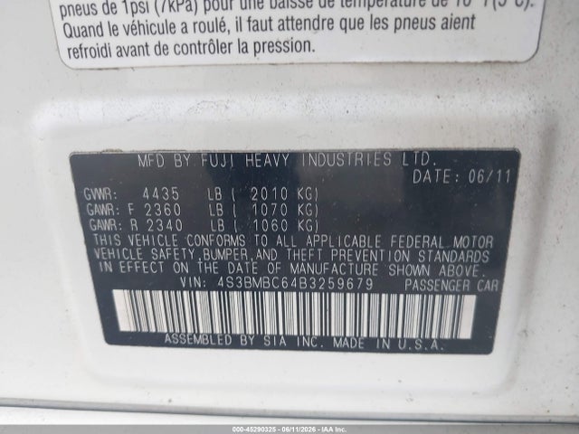 Aukcja sprzedaży 2011 Subaru Legacy 2.5i Premium, vin: 4S3BMBC64B3259679, numer aukcji: 45290325