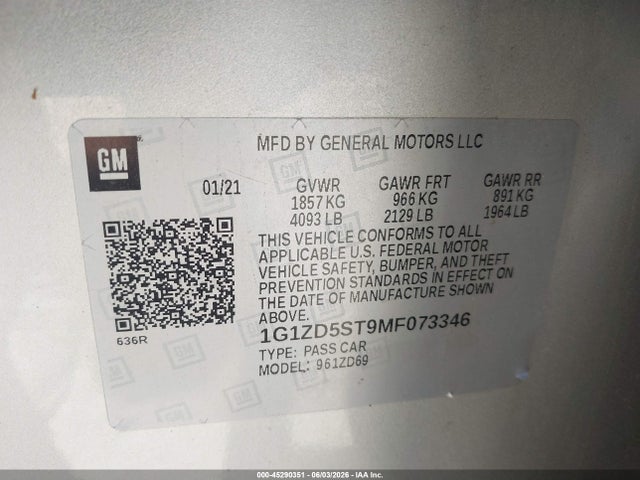 Aukcja sprzedaży 2021 Chevrolet Malibu Fwd Lt, vin: 1G1ZD5ST9MF073346, numer aukcji: 45290351