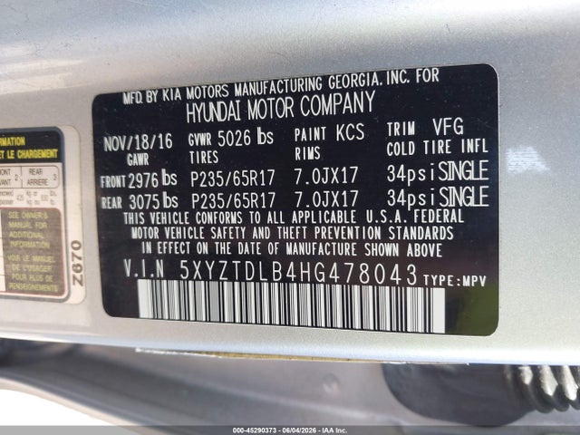 Auction sale of the 2017 Hyundai Santa Fe Sport 2.4l, vin: 5XYZTDLB4HG478043, lot number: 45290373