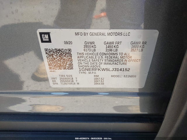 1GNERFKW5LJ314152 Chevrolet Traverse Fwd Ls