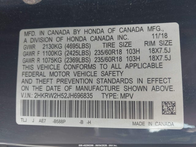 45290399 :رقم المزاد ، 2HKRW2H52JH696835 vin ، 2018 Honda Cr-v Ex مزاد بيع