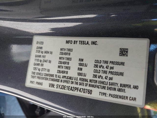 45290417 :رقم المزاد ، 5YJ3E1EA2PF470760 vin ، 2023 Tesla Model 3 Rear-wheel Drive مزاد بيع