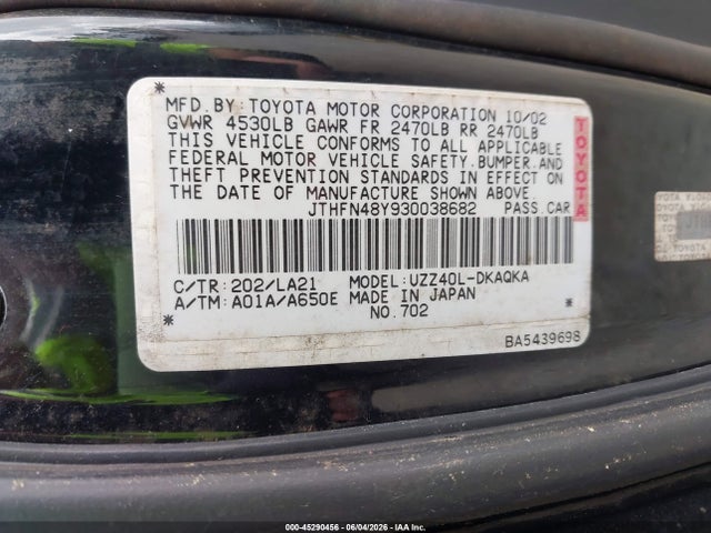 Aukcja sprzedaży 2003 Lexus Sc 430, vin: JTHFN48Y930038682, numer aukcji: 45290456