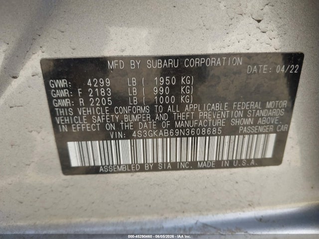 Aukcja sprzedaży 2022 Subaru Impreza Base, vin: 4S3GKAB69N3608685, numer aukcji: 45290460