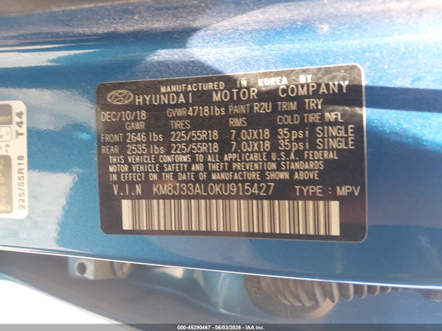 Продажа на аукционе авто 2019 Hyundai Tucson Limited, vin: KM8J33AL0KU915427, номер лота: 45290467