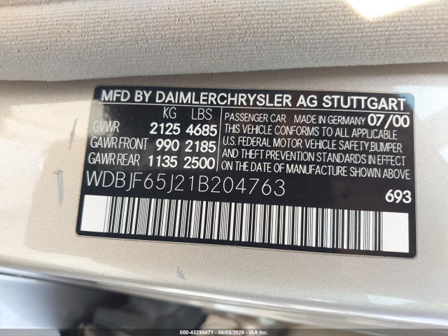 Aukcja sprzedaży 2001 Mercedes-benz E 320, vin: WDBJF65J21B204763, numer aukcji: 45290471