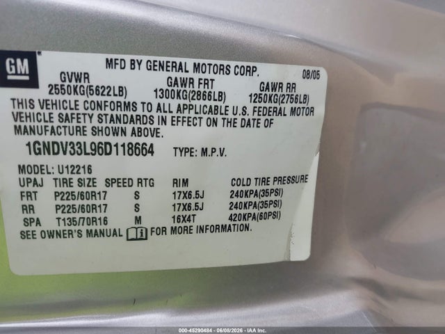 45290484 :رقم المزاد ، 1GNDV33106D118664 vin ، 2006 Chevrolet Uplander Lt مزاد بيع