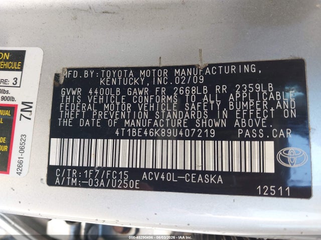 2009 Toyota Camry Se მანქანა იყიდება აუქციონზე, vin: 4T1BE46K89U407219, აუქციონის ნომერი: 45290496