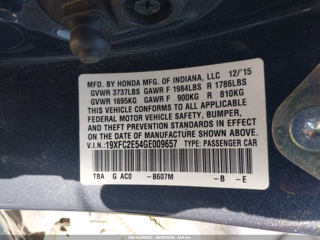 Honda Civic Lx 2016 19XFC2E54GE009657 Image 9