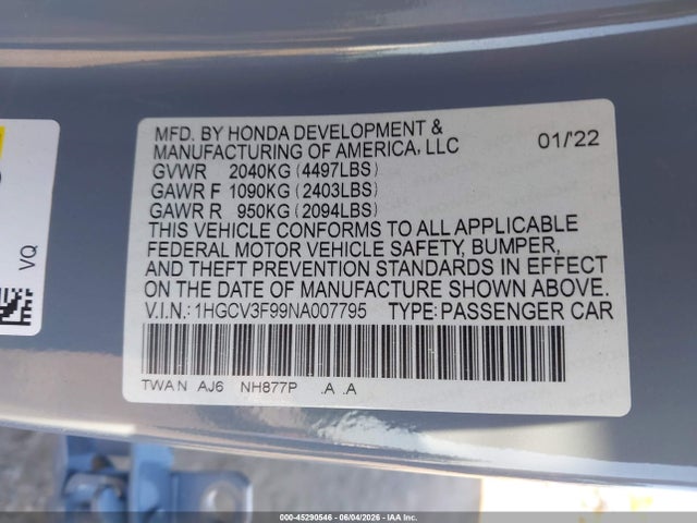 1HGCV3F99NA007795 Honda Accord Hybrid Touring