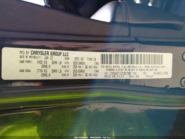 Aukcja sprzedaży 2012 Dodge Durango R/t, vin: 1C4SDHCT1CC321789, numer aukcji: 45290562