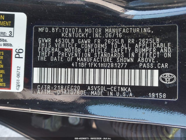 45290573 :رقم المزاد ، 4T1BF1FK1HU281277 vin ، 2017 Toyota Camry Le مزاد بيع