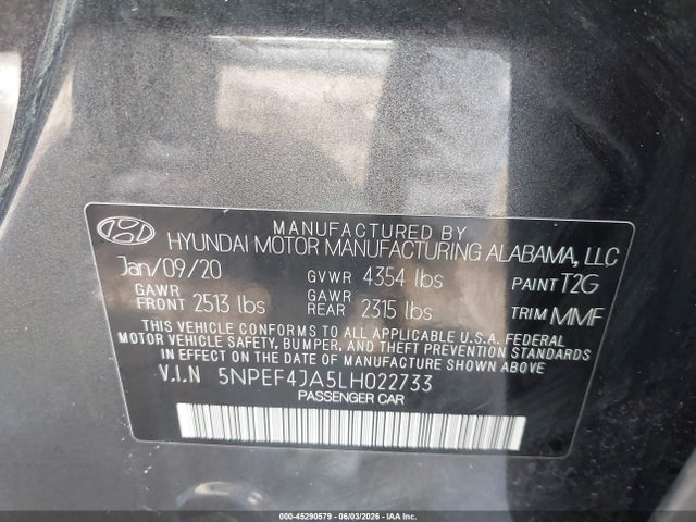 Aukcja sprzedaży 2020 Hyundai Sonata Sel, vin: 5NPEF4JA5LH022733, numer aukcji: 45290579