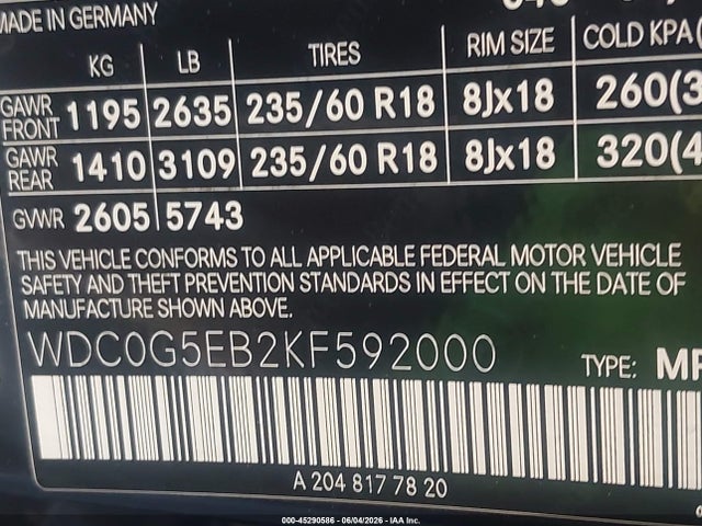 Aukcja sprzedaży 2019 Mercedes-benz Glc 350e 4matic, vin: WDC0G5EB2KF592000, numer aukcji: 45290586