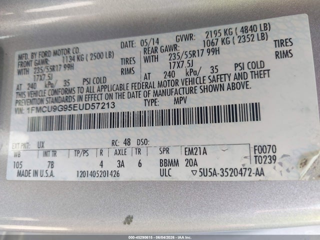 Aukcja sprzedaży 2014 Ford Escape Se, vin: 1FMCU9G95EUD57213, numer aukcji: 45290615