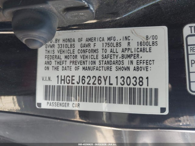 2000 Honda Civic Dx მანქანა იყიდება აუქციონზე, vin: 1HGEJ6226YL130381, აუქციონის ნომერი: 45290625