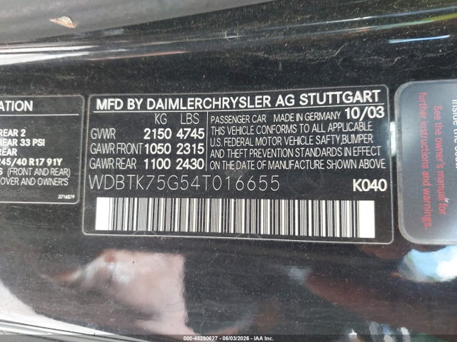 Aukcja sprzedaży 2004 Mercedes-benz Clk 500, vin: WDBTK75G54T016655, numer aukcji: 45290627
