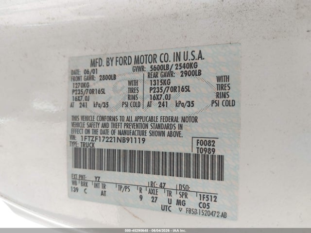 Aukcja sprzedaży 2001 Ford F-150 Xl/xlt, vin: 1FTZF17221NB91119, numer aukcji: 45290648