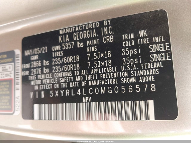 5XYRL4LC0MG056578 KIA SORENTO S