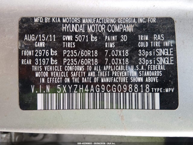 Продаж на аукціоні авто 2012 Hyundai Santa Fe Se, vin: 5XYZH4AG9CG098818, номер лоту: 45290683