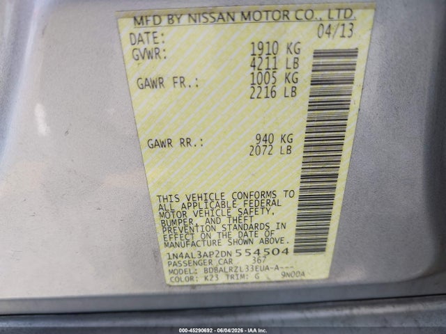 Продаж на аукціоні авто 2013 Nissan Altima 2.5 S, vin: 1N4AL3AP2DN554504, номер лоту: 45290692