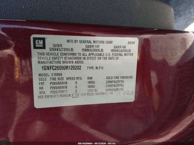 45290694 :رقم المزاد ، 1GNFC26099R126202 vin ، 2009 Chevrolet Suburban 1500 Lt2 مزاد بيع